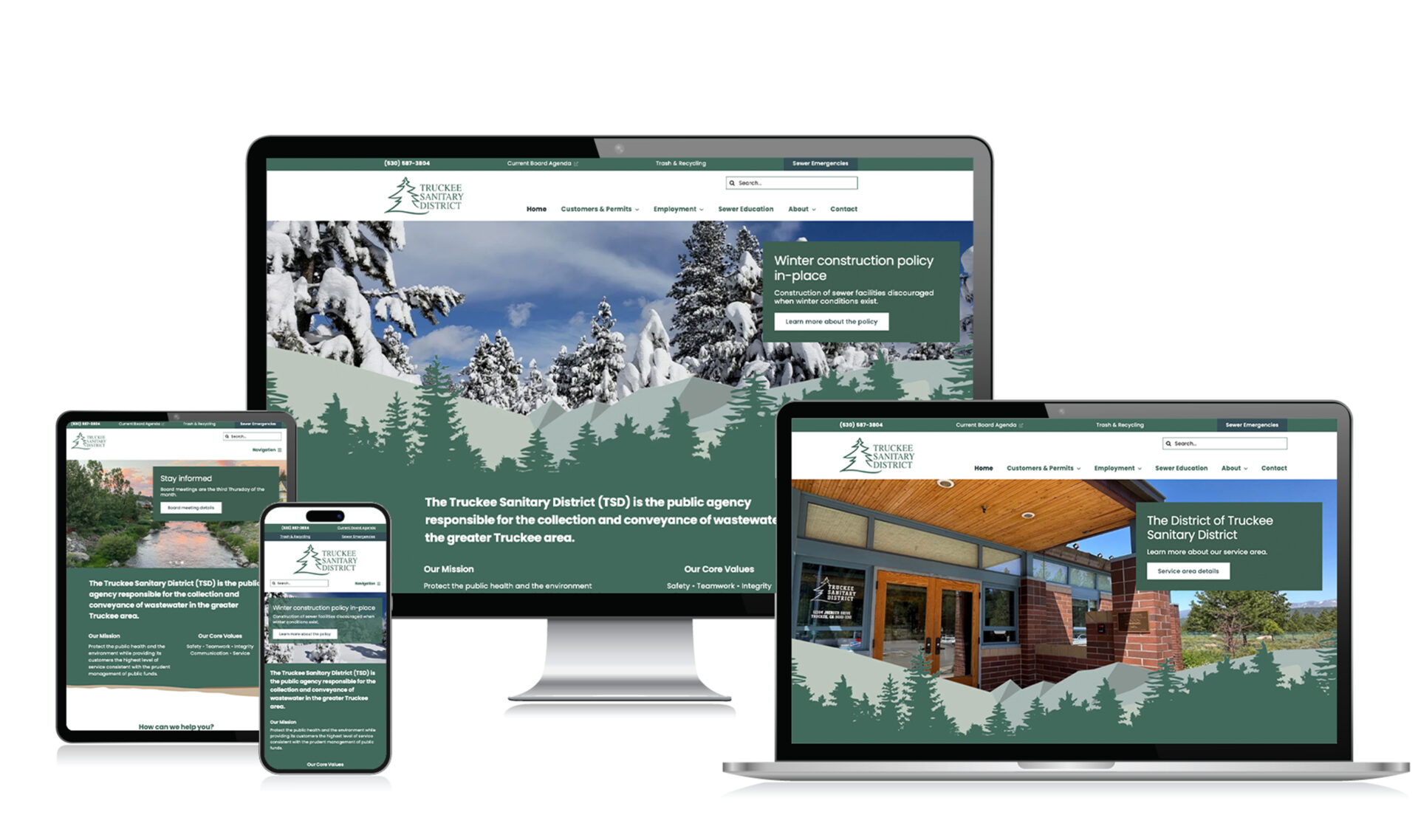 Truckee Sanitary District website on various screen sizes